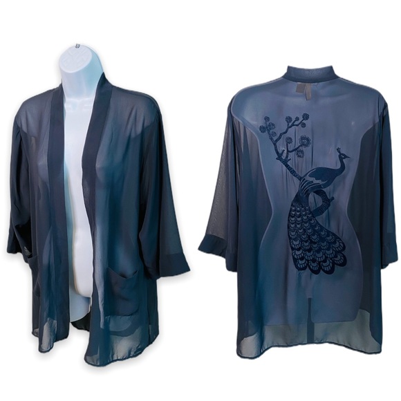 H&M Divided Navy Blue Sheer Kimono Style Embroidered Peacock Top Size 4 - Picture 2 of 8